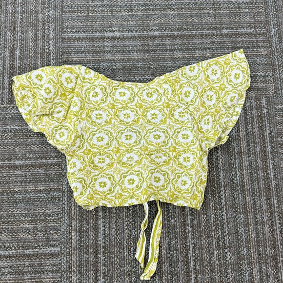 ANTHROPOLOGIE Pilcro | Flutter Sleeve Crop Top Green Motif Linen Blend - Picture 6 of 8